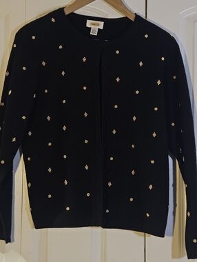 Talbot's Women's Cardigan L 100% Merino Wool Black Classic Chic Vintage EUC